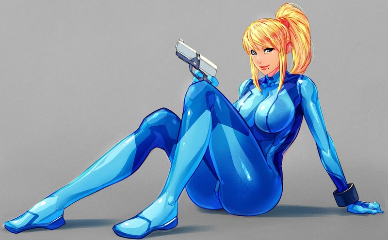 Video Game Heroes, sitting, Samus Aran, Metroid, gun, simple background, cyan