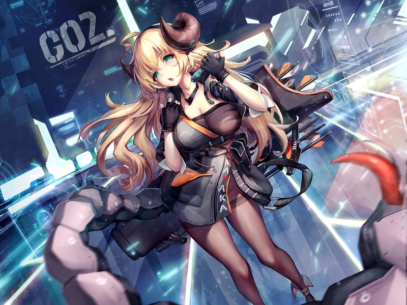 anime girls, original characters, women, blonde, long hair, fantasy girl, green eyes, looking at viewer, open mouth, big boobs, dress, pantyhose, artwork, digital art, drawing, illustration, 2D, science fiction, arrows, horns, gloves, fingerless gloves, Dk. Senie, Pixiv, anime