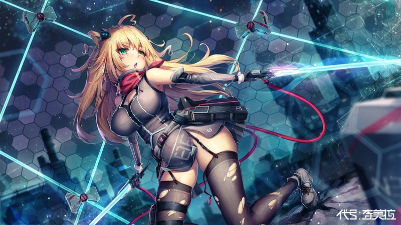 anime girls, original characters, women, blonde, long hair, fantasy girl, heterochromia, open mouth, looking away, big boobs, dress, stockings, black stockings, ripped clothes, boots, artwork, digital art, drawing, illustration, 2D, science fiction, sword, gloves, depth of field, Dk. Senie, Pixiv, anime, cyan