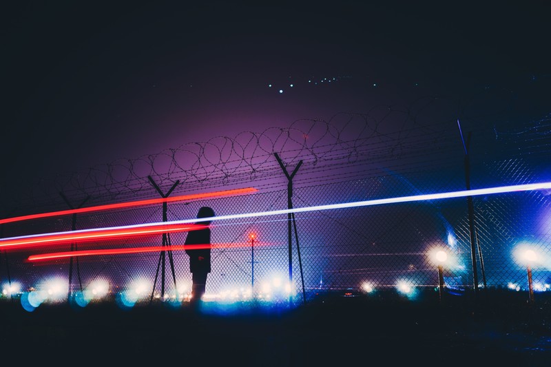 Italy, night, lights, fence, long exposure, barbed wire, airport, sky, night sky, silhouette, wire, grid, light trails, urban, dusk, dark