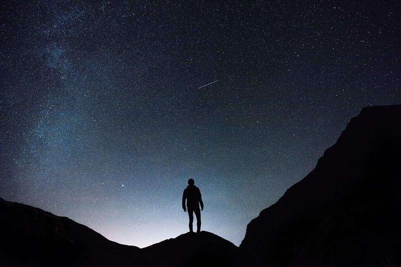 UK, stars, night, sky, skyscape, outdoors, men, men outdoors, explorer, dark, silhouette, starry night, mountain top, hiking, photography, astronomy, lights, comet
