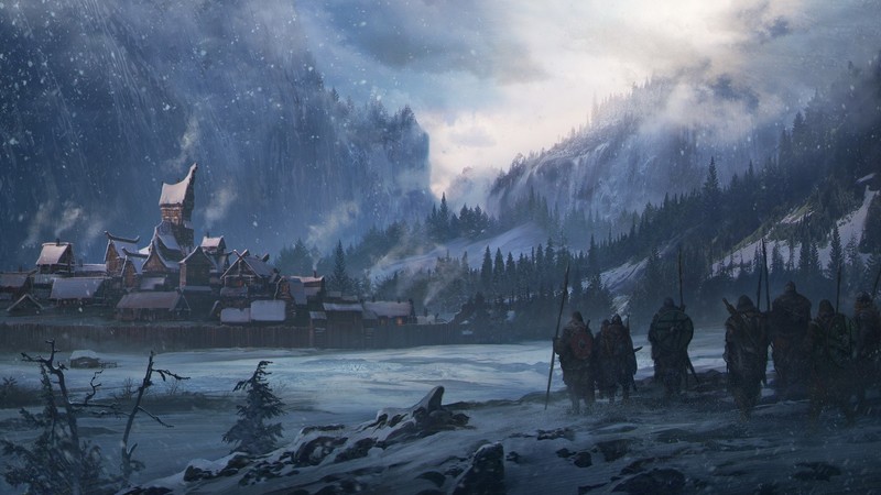 village, artwork, mountains, landscape, nature, fantasy art