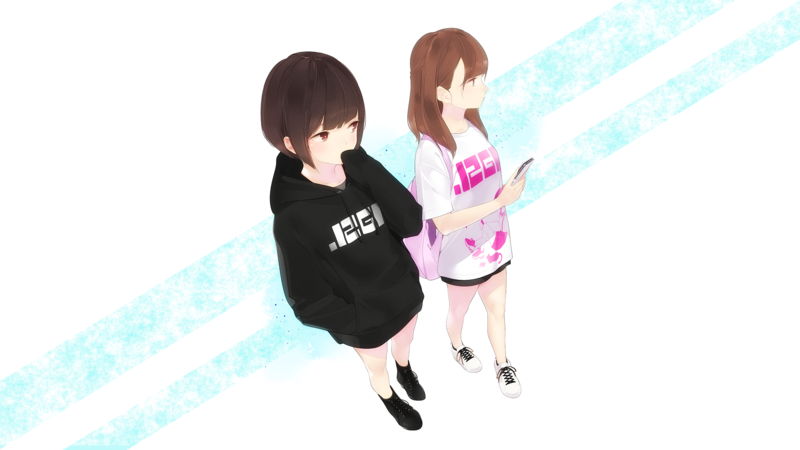 anime girls, original characters, women, brunette, short hair, long hair, looking away, hoods, sweatshirts, T-shirt, backpacks, cellphone, boots, sneakers, stripes, white background, simple background, minimalism, artwork, drawing, 2D, illustration, digital art, high angle, amamitsuki12, anime, cyan, white