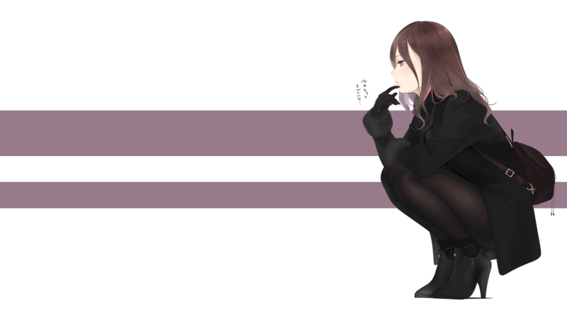 anime girls, original characters, women, brunette, profile, looking away, gloves, black gloves, coats, black coat, backpacks, pantyhose, black pantyhose, heels, side view, stripes, white background, simple background, minimalism, artwork, drawing, 2D, illustration, digital art, amamitsuki12, anime, purple, white, touching face