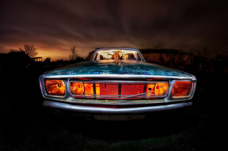 night, car, vehicle, dark, orange