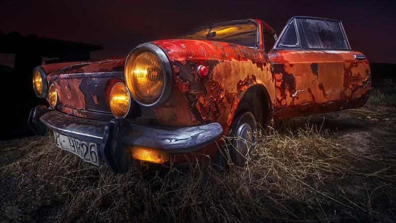 old, car, vehicle, night, numbers