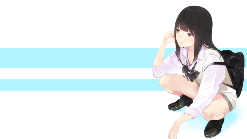anime girls, original characters, women, brunette, schoolgirl, school uniform, shirt, sweater, bow-tie, backpacks, socks, shoes, necklace, squatting, looking away, stripes, white background, simple background, minimalism, artwork, drawing, 2D, illustration, digital art, amamitsuki12, anime, cyan, white