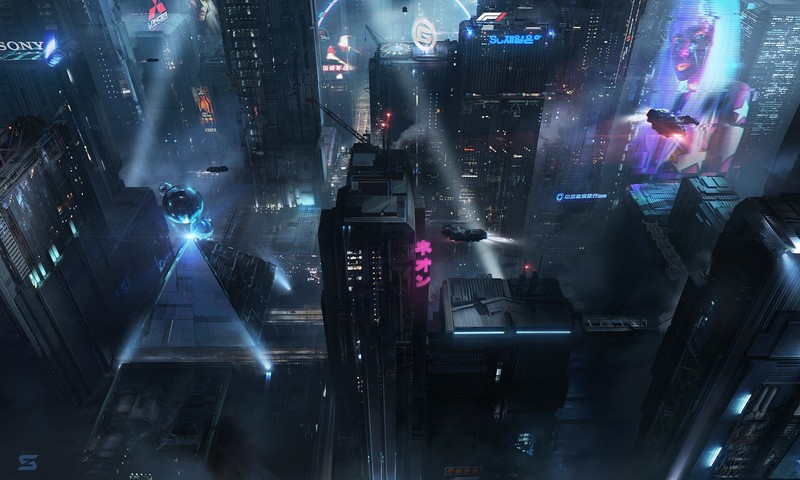 city, futuristic, architecture, cyberpunk, cyber, night, digital art, cityscape, Sergey Zabelin