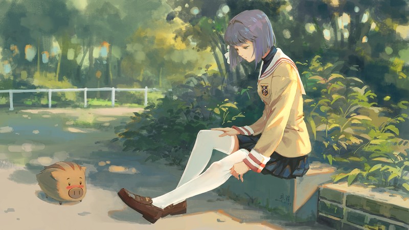 anime girls, Clannad, Fujibayashi Ryou, school uniform, thighs, white stockings, small boobs, short hair, violet hair, embarrassed, 2D, fan art