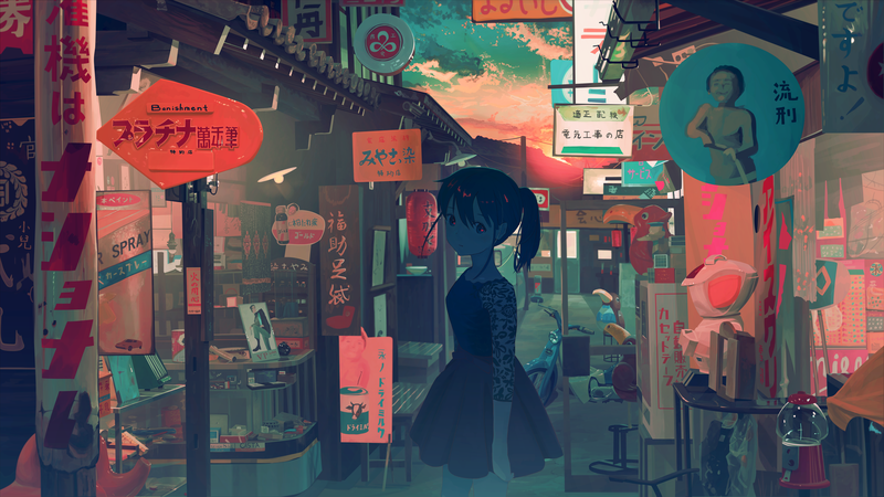 anime, anime girls, original characters, sunset, Pixiv