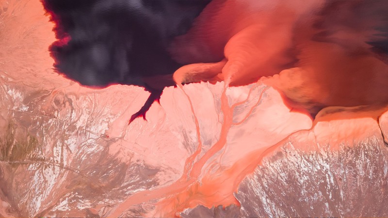 satellite photo, salt lakes, water, river, abstract, red