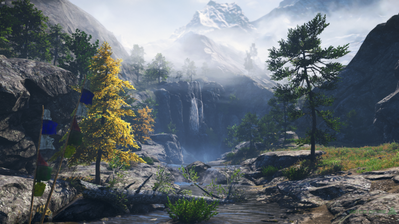 Himalayas, mountains, forest, forest clearing, waterfall, mountain pass, Half Dome, pine trees, Far Cry 4, video games, PC gaming, screen shot, in-game, mist, river