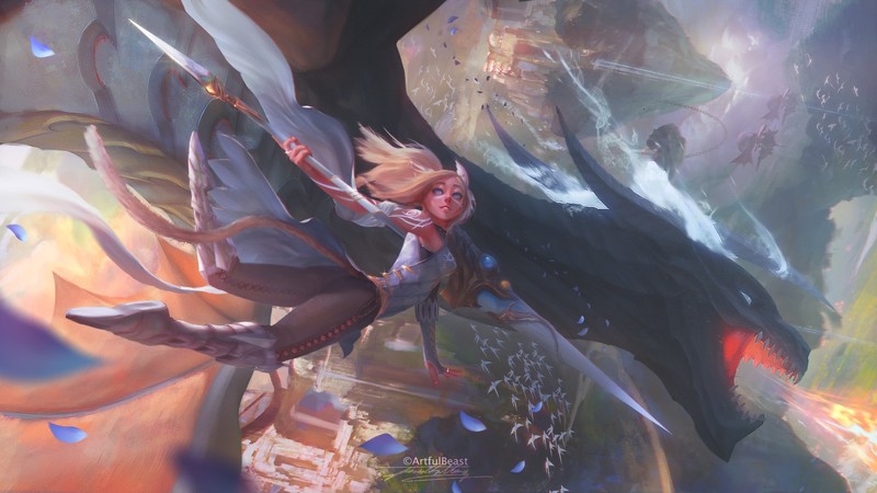 anime girls, original characters, women, blonde, cat girl, cat ears, animal ears, tail, cat tail, blue eyes, looking away, armor, spear, weapon, falling, dragon, creature, fantasy art, fantasy girl, artwork, drawing, digital painting, 2D, digital art, illustration, birds, environment, petals, bokeh, Paul Nong, anime