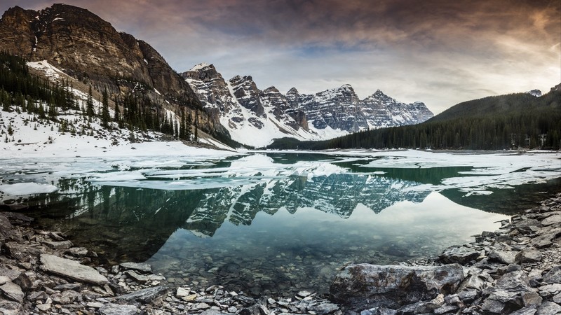 lake, mountains, snow, stones, clouds, rocks, trees, winter, landscape, Banff National Park, Moraine Lake