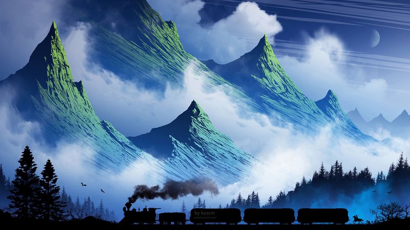 train, mountains, art, fog, smoke, 4k