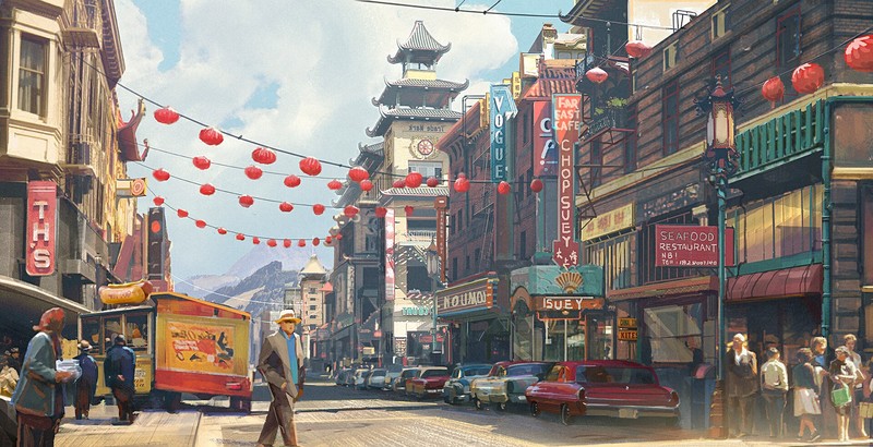 Chinatown, car, artwork, pagoda