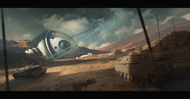 science fiction, space art, tank, military, sphere, desert, abstract