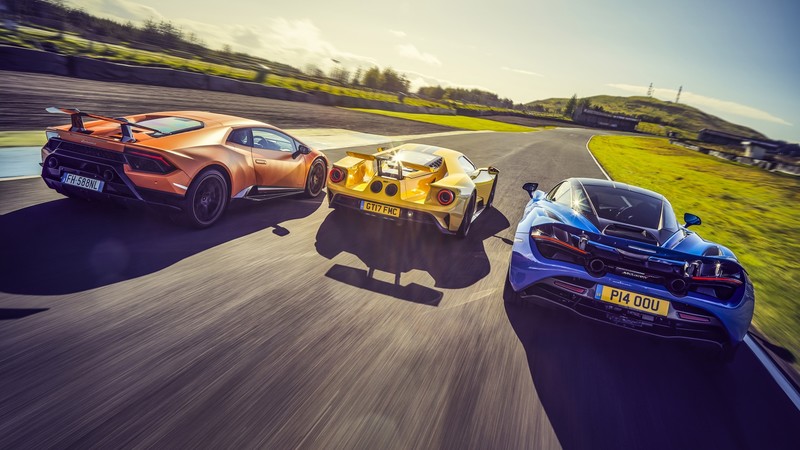 supercars, car, road, vehicle, numbers, orange cars, yellow cars, blue cars, Lamborghini Huracan, Ford GT, McLaren 720S