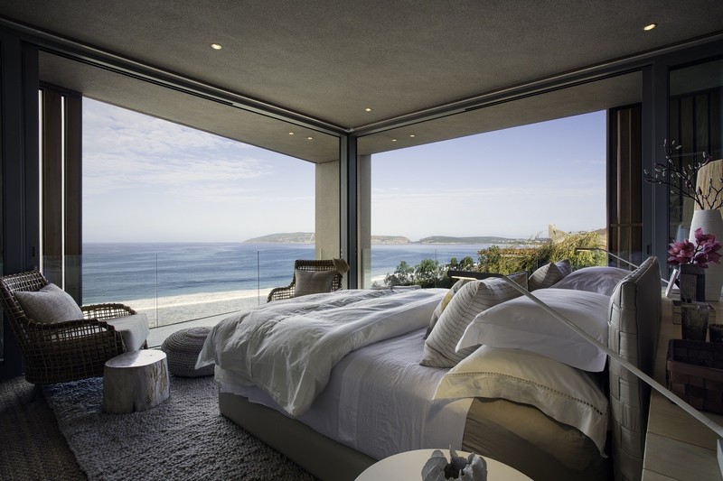 modern, interior, window, bedroom, bed, sea