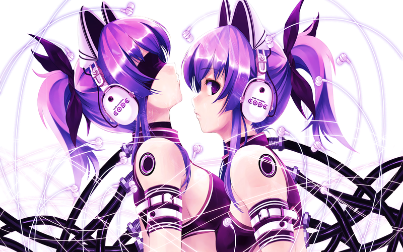 looking at viewer, headphones, purple hair