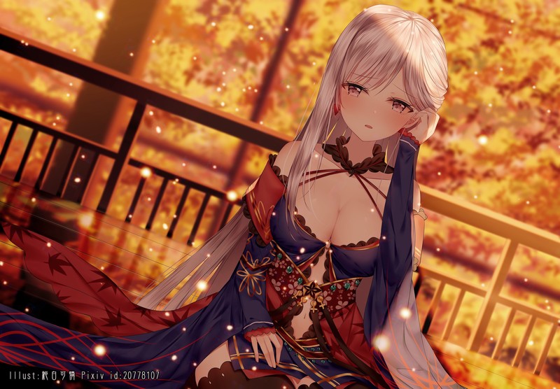 Miyamoto Musashi (fate/grand order), Fate/Grand Order, Fate Series, anime girls, women, white hair, long hair, bare shoulders, cleavage, kimono, belly, stockings, kneeling, looking at viewer, artwork, drawing, digital art, 2D, illustration, fan art, sparks, depth of field, portrait, junpaku karen, anime