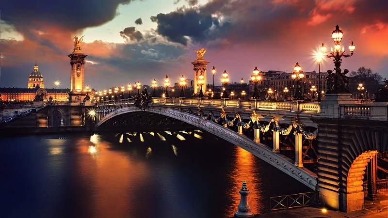 cityscape, sunlight, sunset, landscape, architecture, clouds, Pont Alexandre III, Paris, street light
