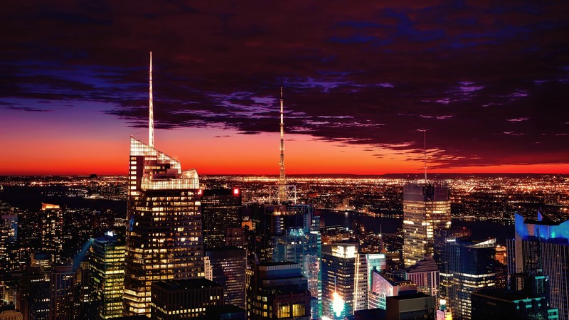 cityscape, sunset, landscape, clouds, city, lights, New York City, Manhattan, city lights, orange sky, dusk