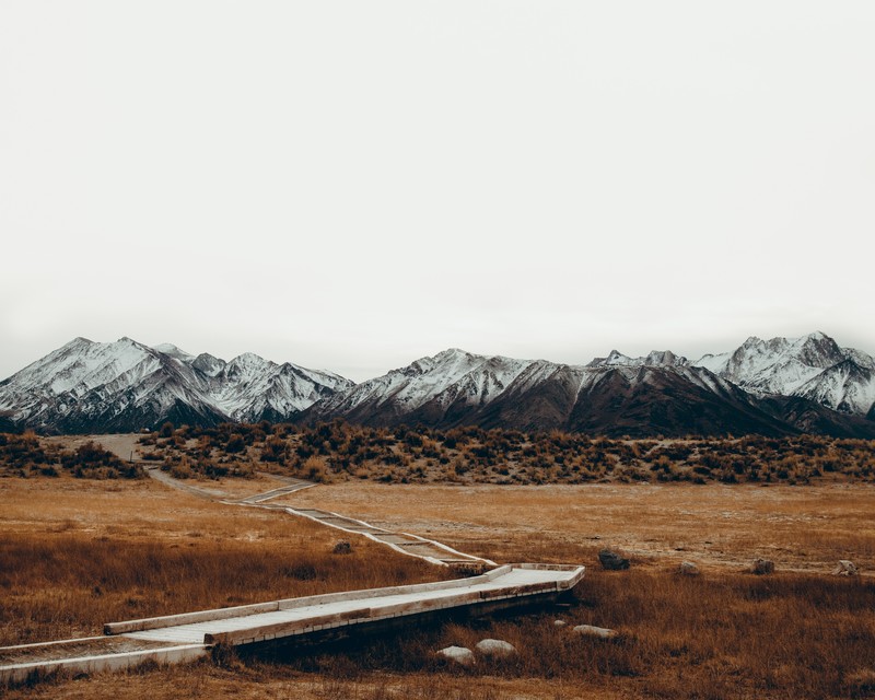 nature, mountains, landscape, walkway, snowy mountain, dry grass