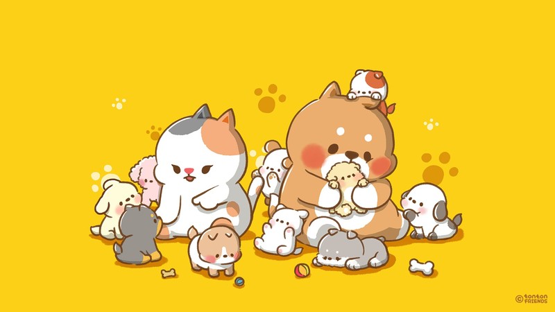 simple, yellow background, animals, baby animals, artwork, yellow