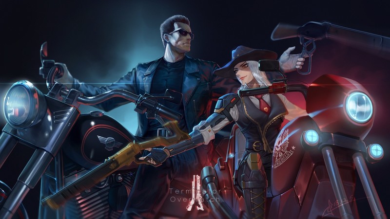 anime, anime girls, Terminator, vehicle, Overwatch, PC gaming, cyborg, crossover, Ashe (Overwatch), motorcycle