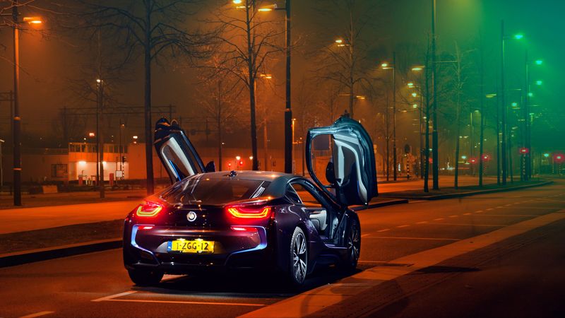 bmw i8, bmw, sportscar, supercar, night, lights, city, parking, 4k