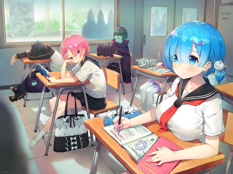 Re:Zero Kara Hajimeru Isekai Seikatsu, anime girls, school uniform, pink hair, blue hair, Rem (Re: Zero), Ram (Re: Zero), Natsuki Subaru