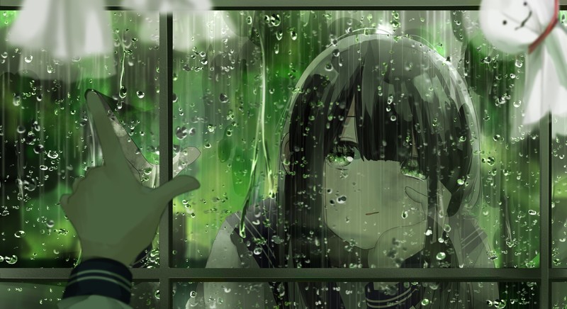 anime, anime girls, original characters, rain, water drops, green eyes
