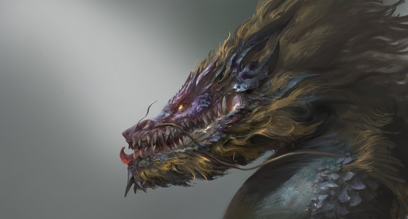 dragon, creature, fangs, tongues, profile, gray background, simple background, fantasy art, artwork, digital painting, illustration, drawing, digital art, Fu Chenqi