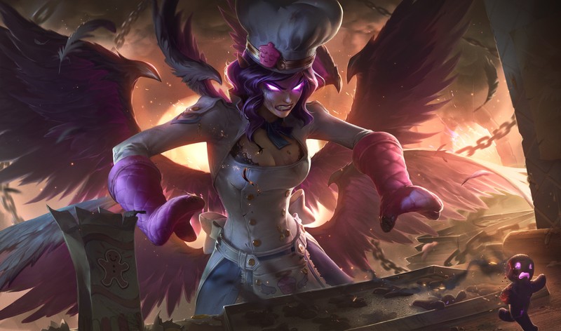 League of Legends, Morgana (League of Legends), glowing eyes, wings, baking, fantasy girl, PC gaming