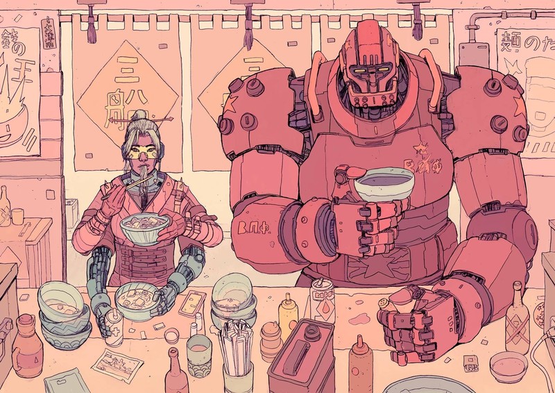robot, restaurant, food, artwork