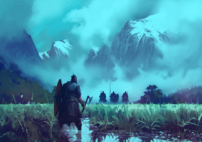 medieval, landscape, mountains, artwork, cyan, battle axe, axes, turquoise