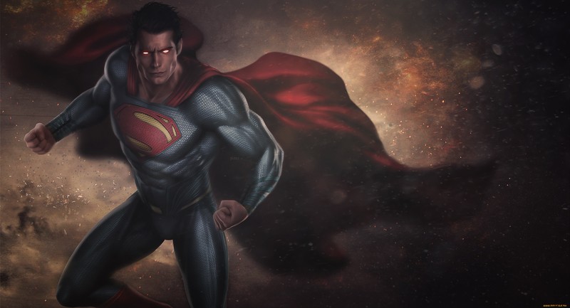 Superman, superhero, glowing eyes, muscles, artwork, cape