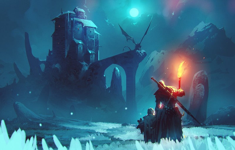 artwork, ruins, dragon, winter, cold, cyan
