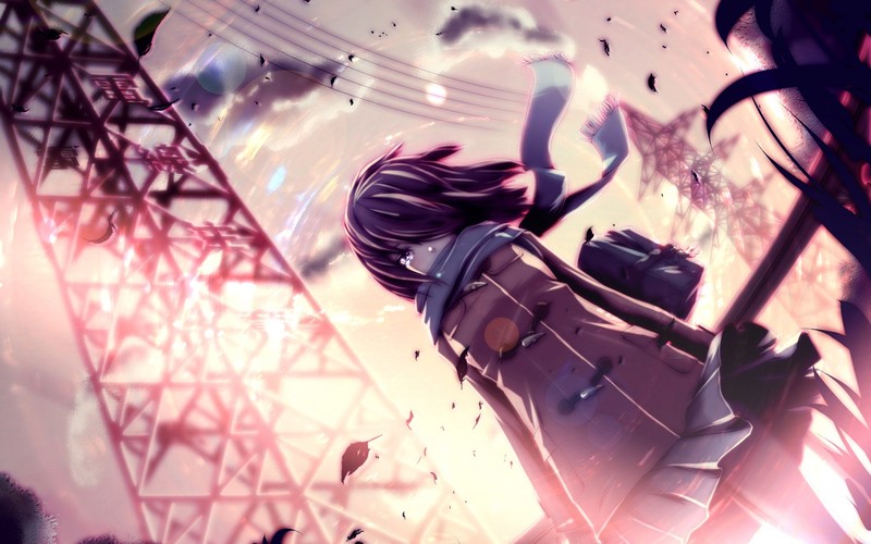 anime, anime girls, powerlines, windy