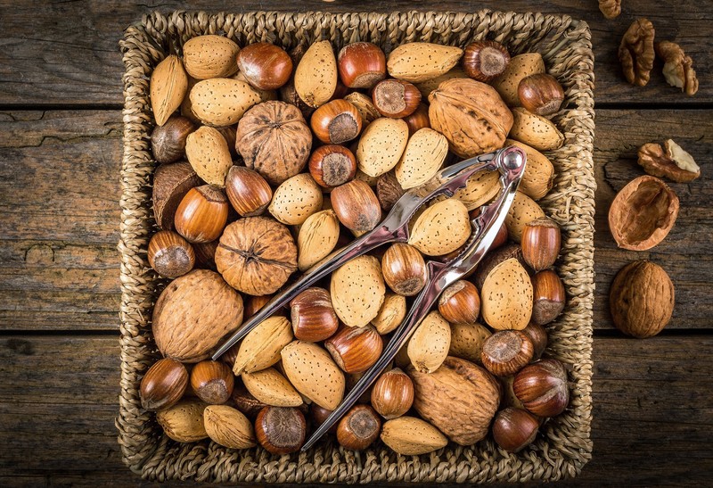 nuts, food, baskets, wooden surface, walnuts, hazelnut