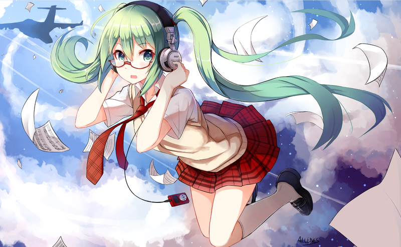 anime, anime girls, green hair, long hair, headphones, green eyes, glasses, school uniform
