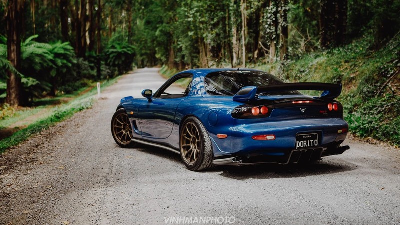 Mazda RX-7 FD, JDM, Japanese cars, sports car, Mazda, blue cars, road, Mazda RX-7, colored wheels, car, vehicle, dirt road, trees