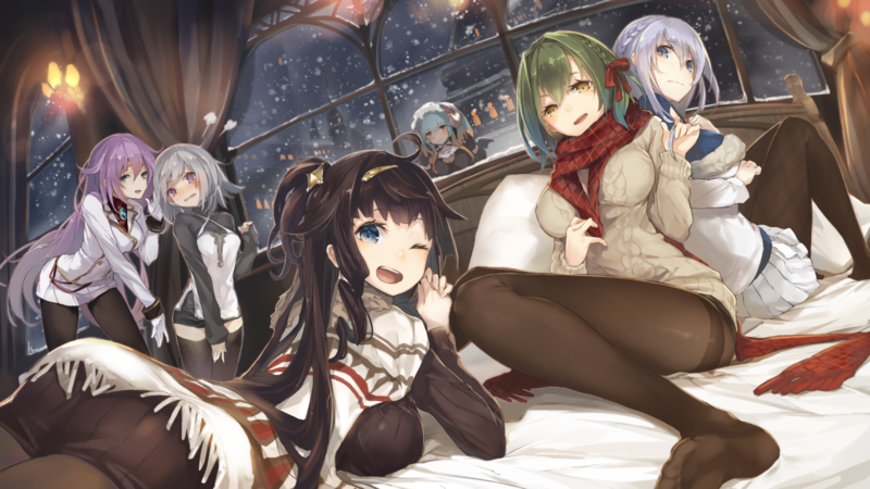 anime girls, anime, cruel_gz, group of women, purple hair, blue eyes, brunette, green hair, silver hair, short hair, purple eyes, pantyhose, stockings