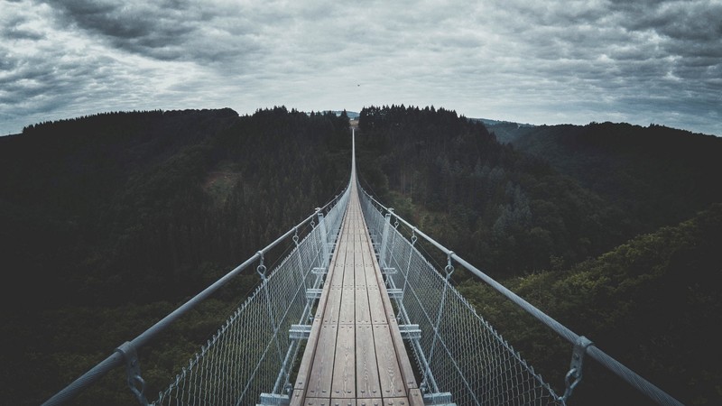 landscape, bridge, wooden bridge, clouds, trees