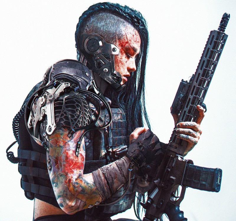artwork, Abrar Khan, concept art, women, soldier, science fiction, futuristic, black hair, tattoo, cyber, cyberpunk, mech, Clayton Haugen