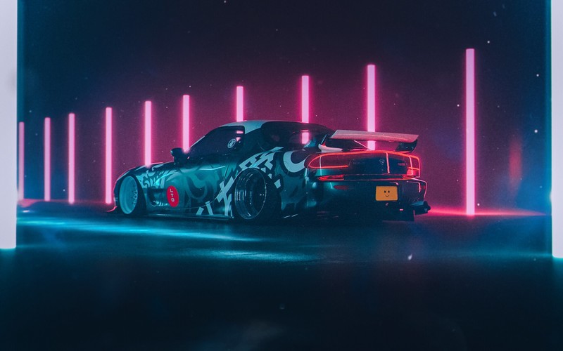 sports car, Retro car, neon, Mazda RX-7 FD, pink, cyan