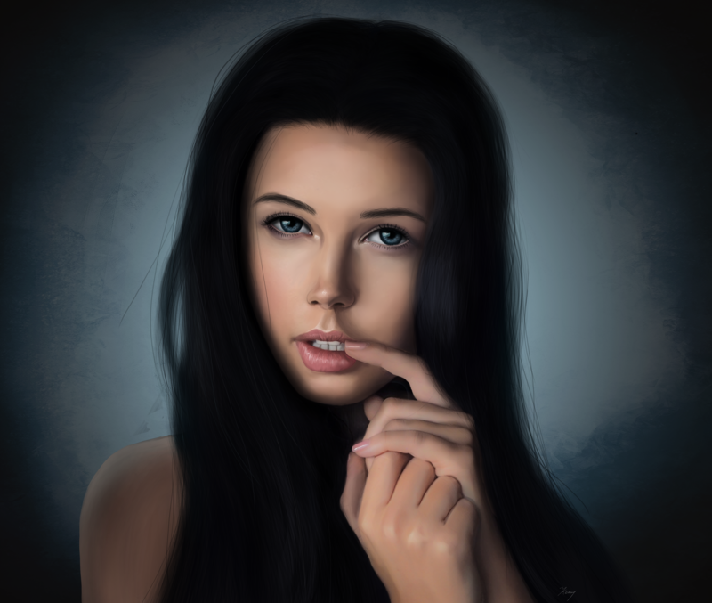 Elena Belkina, long hair, model, women, bare shoulders, gray eyes, looking at viewer, black hair, simple background, dark hair, finger on lips, portrait, artwork