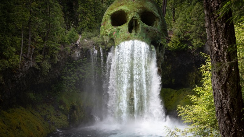 skull, waterfall, nature, water, green, forest, creepy, surreal
