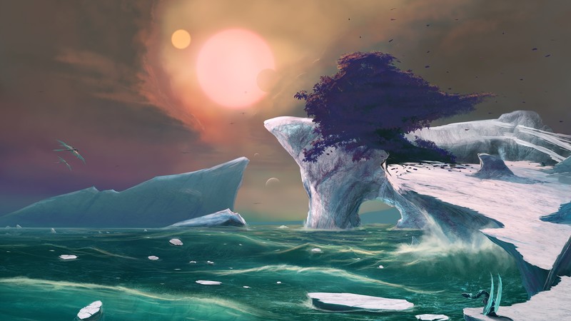 glacier, waves, Moon, digital painting, ice, water, artwork